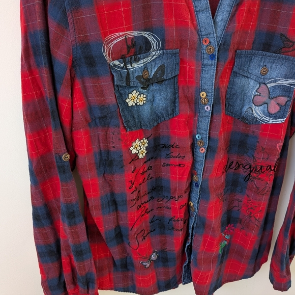Desigual Women's Red Blue Plaid Button Up Shirt Embroidered Butterfly Floral - Picture 3 of 8